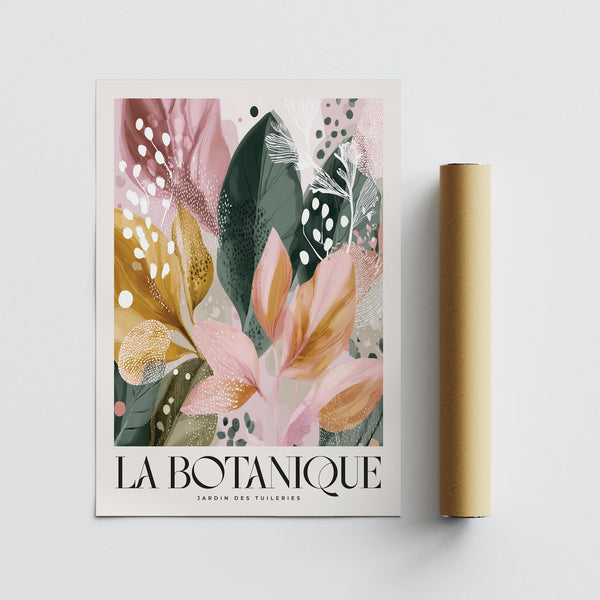 Modern flower wall art print with pink petals and green leaf accents