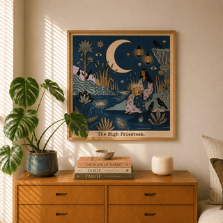 Starry night tarot wall art featuring crescent moon, reeds, and eye symbols