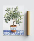 Watercolor Olive Tree Art with leafy branches and rustic Mediterranean pottery.