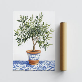 Watercolor Olive Tree Art with leafy branches and rustic Mediterranean pottery.