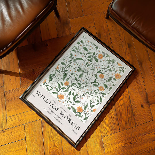 Delicate vintage prints flowers on ivory background with orange and white floral clusters.