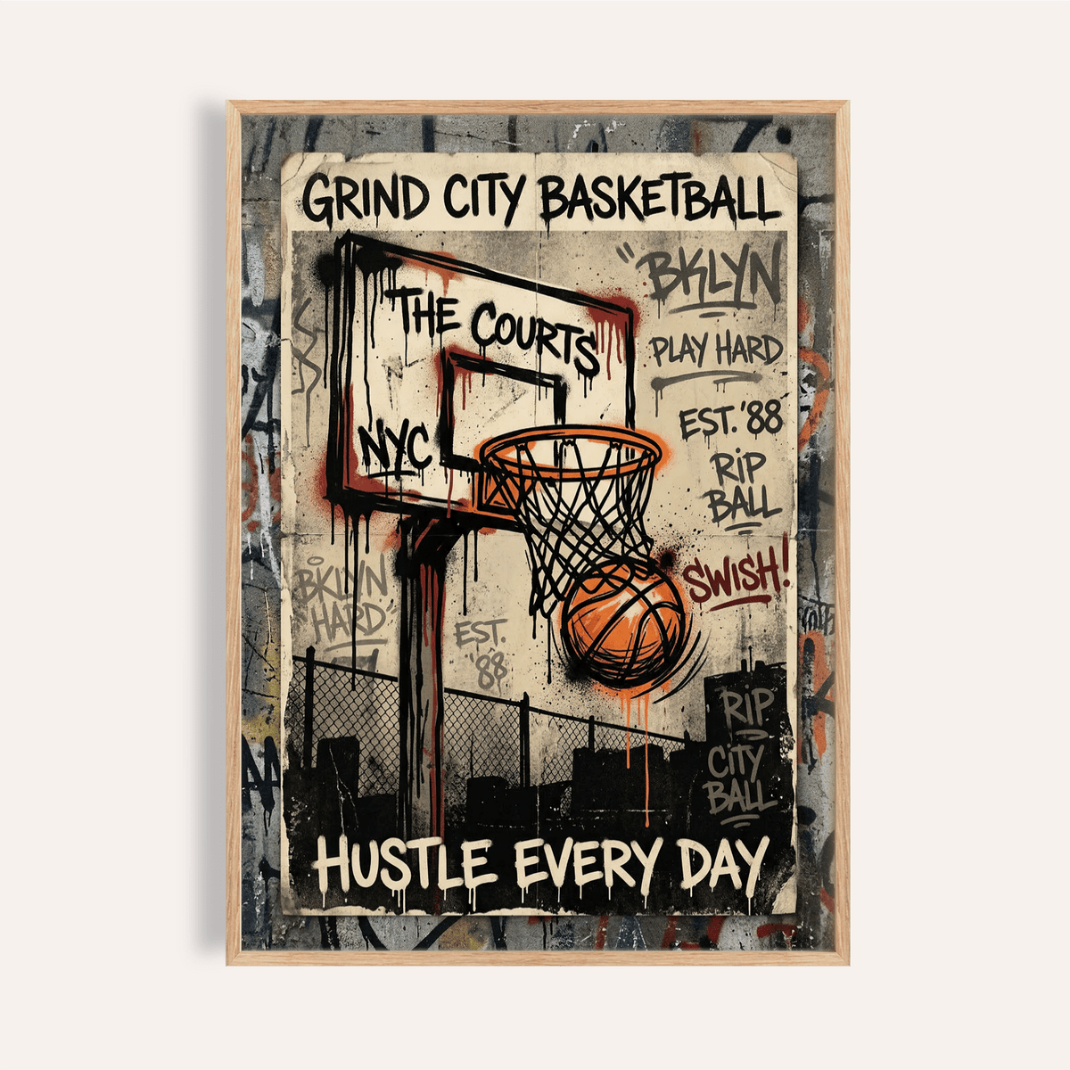Basketball City Wall Art print showing graffiti hoop and dripping paint
