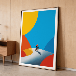 Centered on the page, minimal poster print features a cyclist riding across a bright curved ground with big arcs