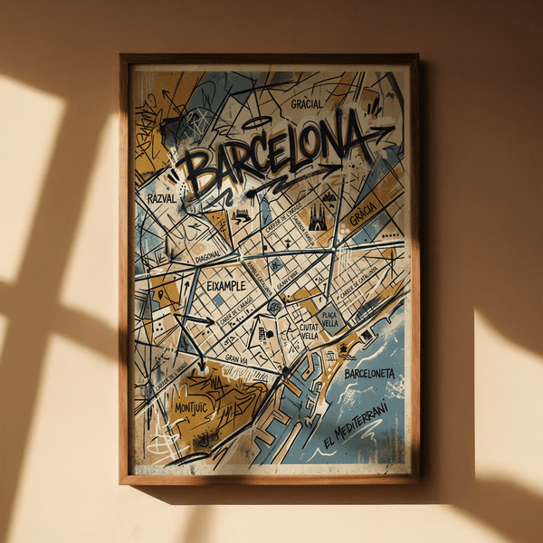 Illustrated city map poster featuring Ciutat Vella label and simplified shoreline