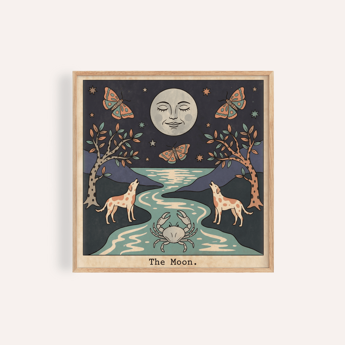 Moon tarot card poster with smiling moon face, stars, moths, and river scene