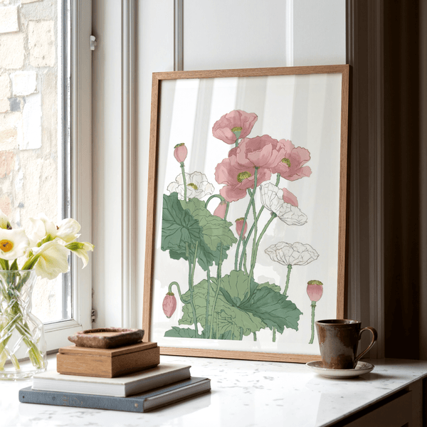 Botanical Flower Print featuring fine line poppy flowers in pink and green