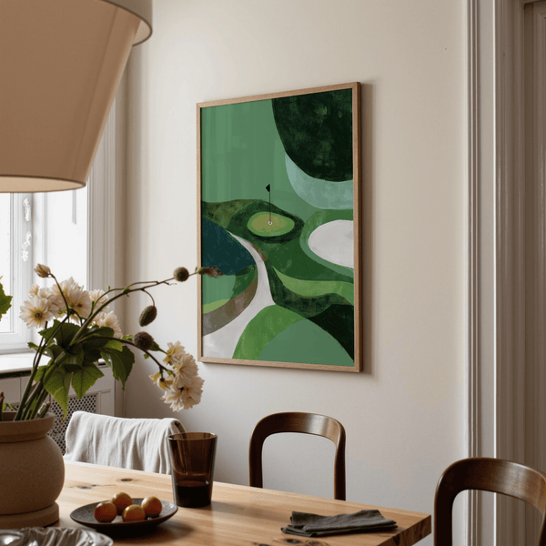 Contemporary golf course wall art poster with rounded bunkers and a central putting green