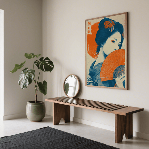 Retro Geisha Print wall art accent in Orange and Beige for home office