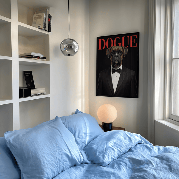 Dogue Boxer Poster print with tuxedo dog, Black, Red, White for office