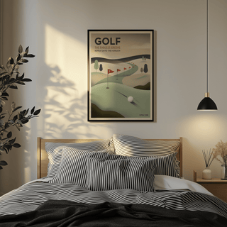 Illustrated golf wall art poster with top headline text and minimal landscape shapes