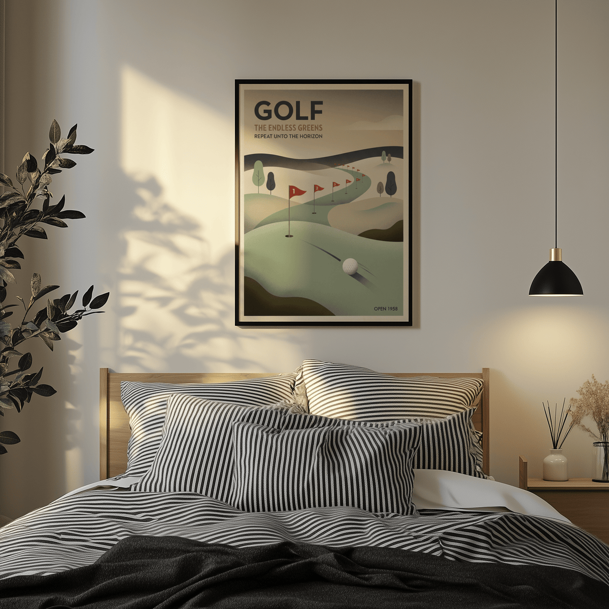 Illustrated golf wall art poster with top headline text and minimal landscape shapes