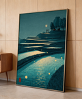 Tranquil Rice Field Poster showing layered terraces, moon, torii gate, and small house