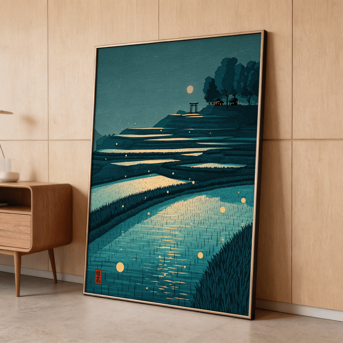 Tranquil Rice Field Poster showing layered terraces, moon, torii gate, and small house