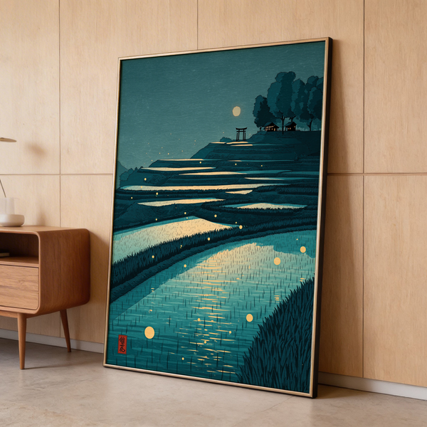 Tranquil Rice Field Poster showing layered terraces, moon, torii gate, and small house