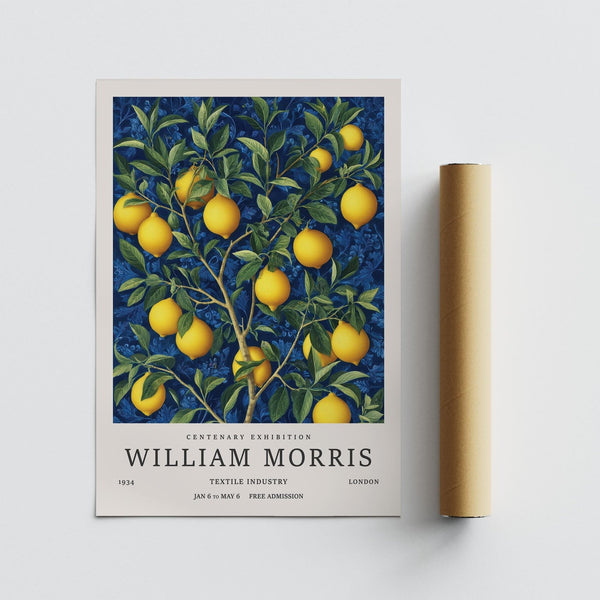 Lemon tree illustration in vintage blue and yellow palette – Lemon Wall Art for Kitchen.