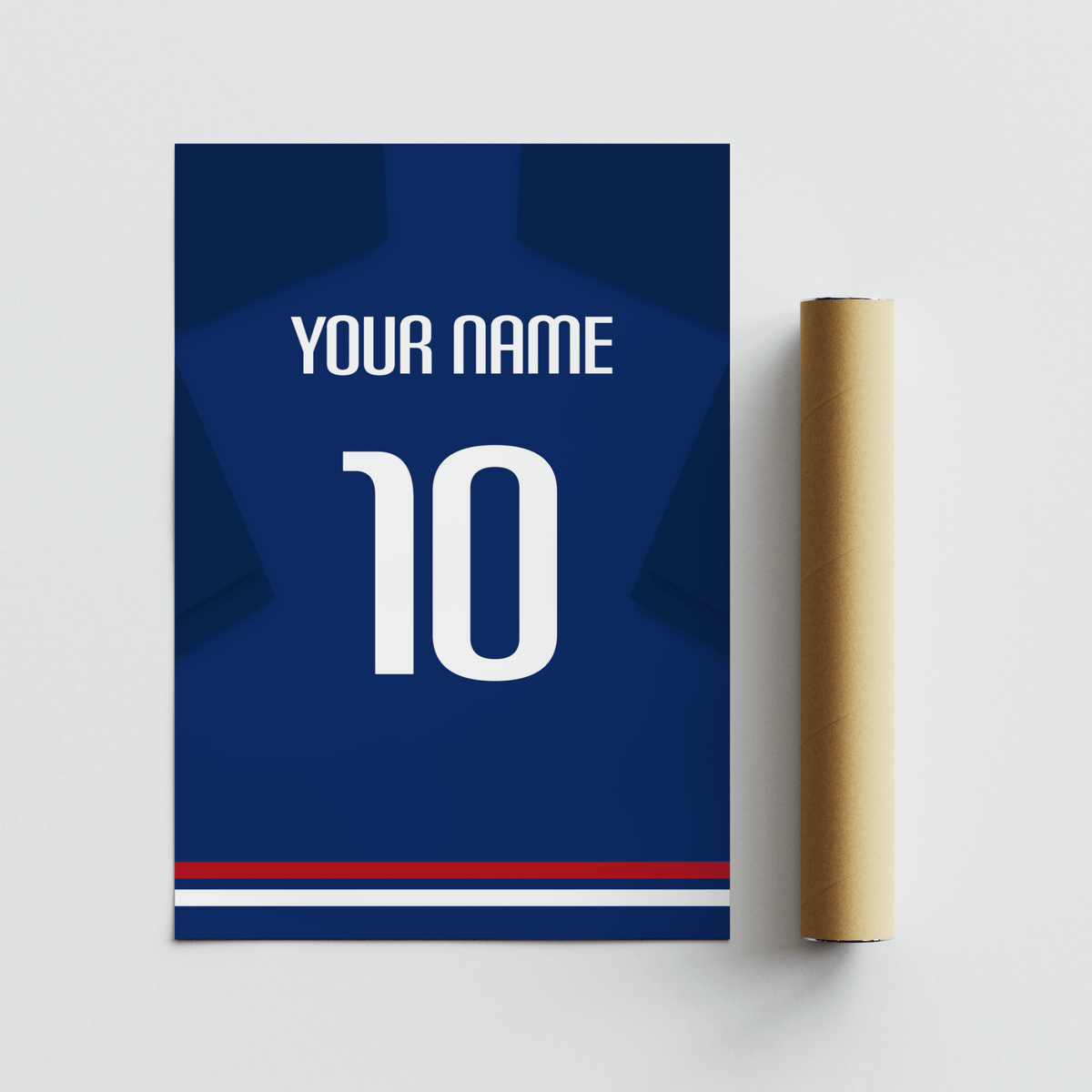 Displaying the Japan Football  Shirt Poster showing YOUR NAME across the shoulders and a large 10 number
