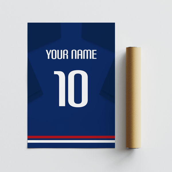 Displaying the Japan Football  Shirt Poster showing YOUR NAME across the shoulders and a large 10 number