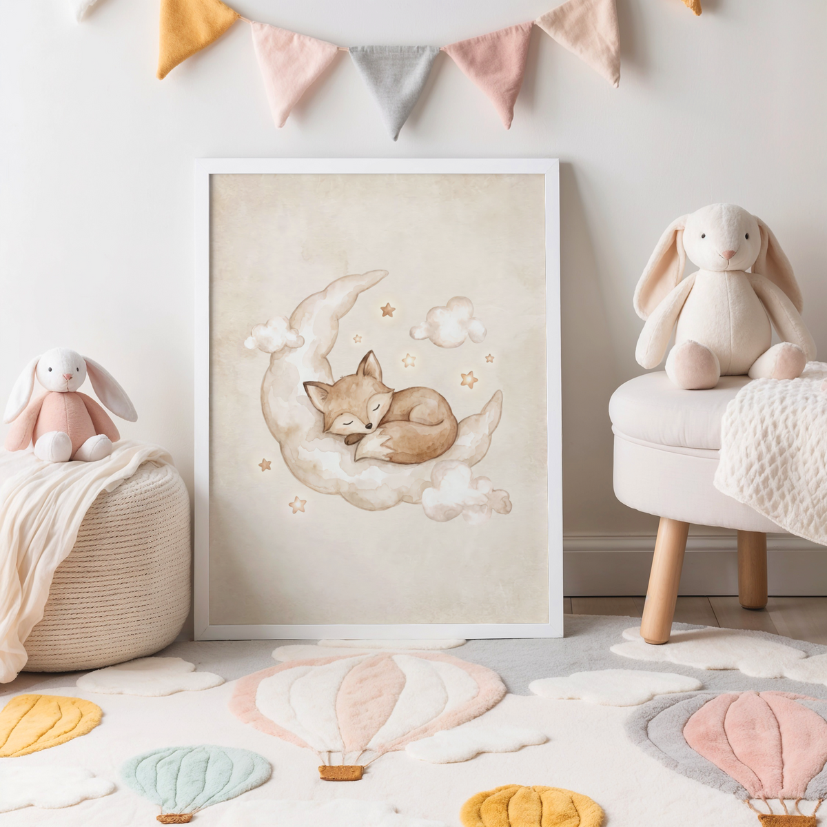 Gentle kids room poster with a sleeping fox on a moon surrounded by clouds