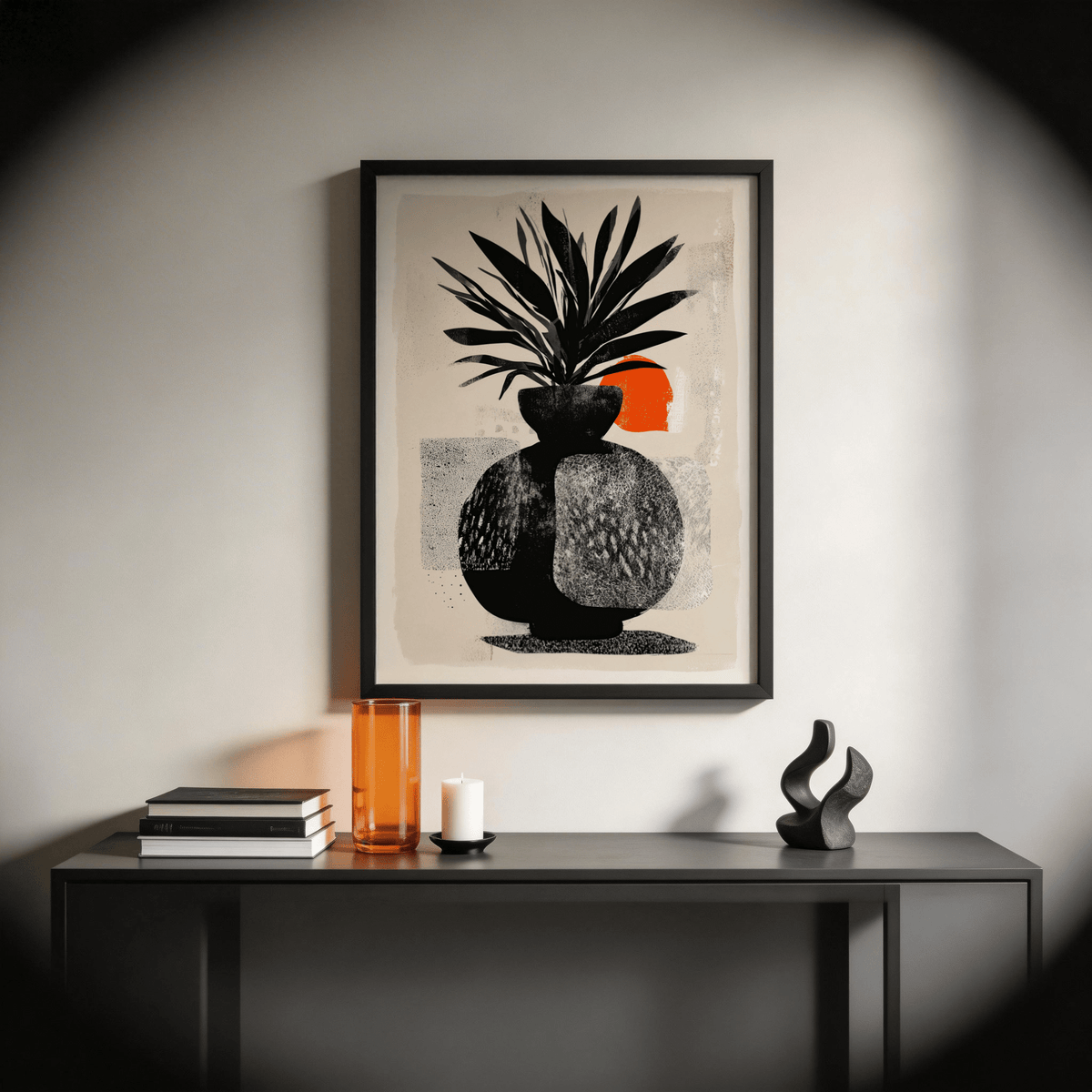 Textured geometric plant wall art print with speckled blocks behind a central vase