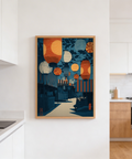 Asian Festival Art Print showing a lantern canopy above striped awnings and a pathway