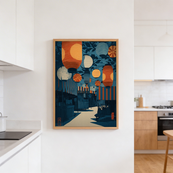 Asian Festival Art Print showing a lantern canopy above striped awnings and a pathway