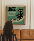 Jazz Club Art Print featuring playful black cat, perfect wall art for study