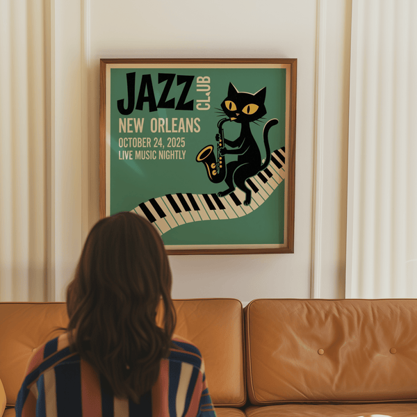 Jazz Club Art Print featuring playful black cat, perfect wall art for study