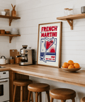French Martini Art Print in Blue and Red tones for dining room poster