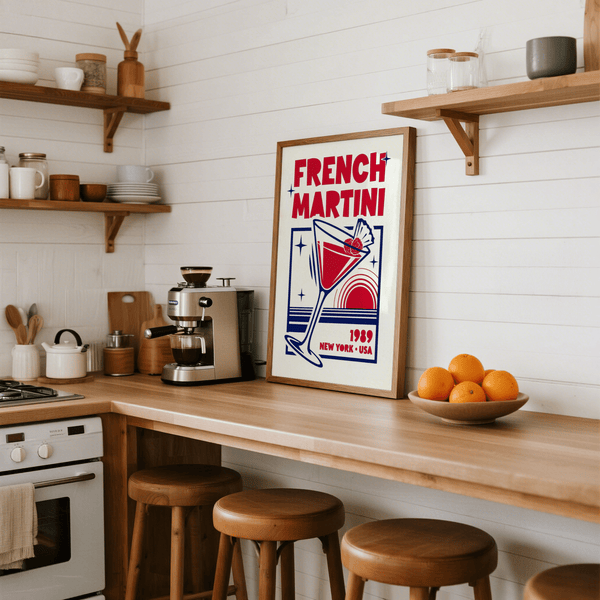 French Martini Art Print in Blue and Red tones for dining room poster