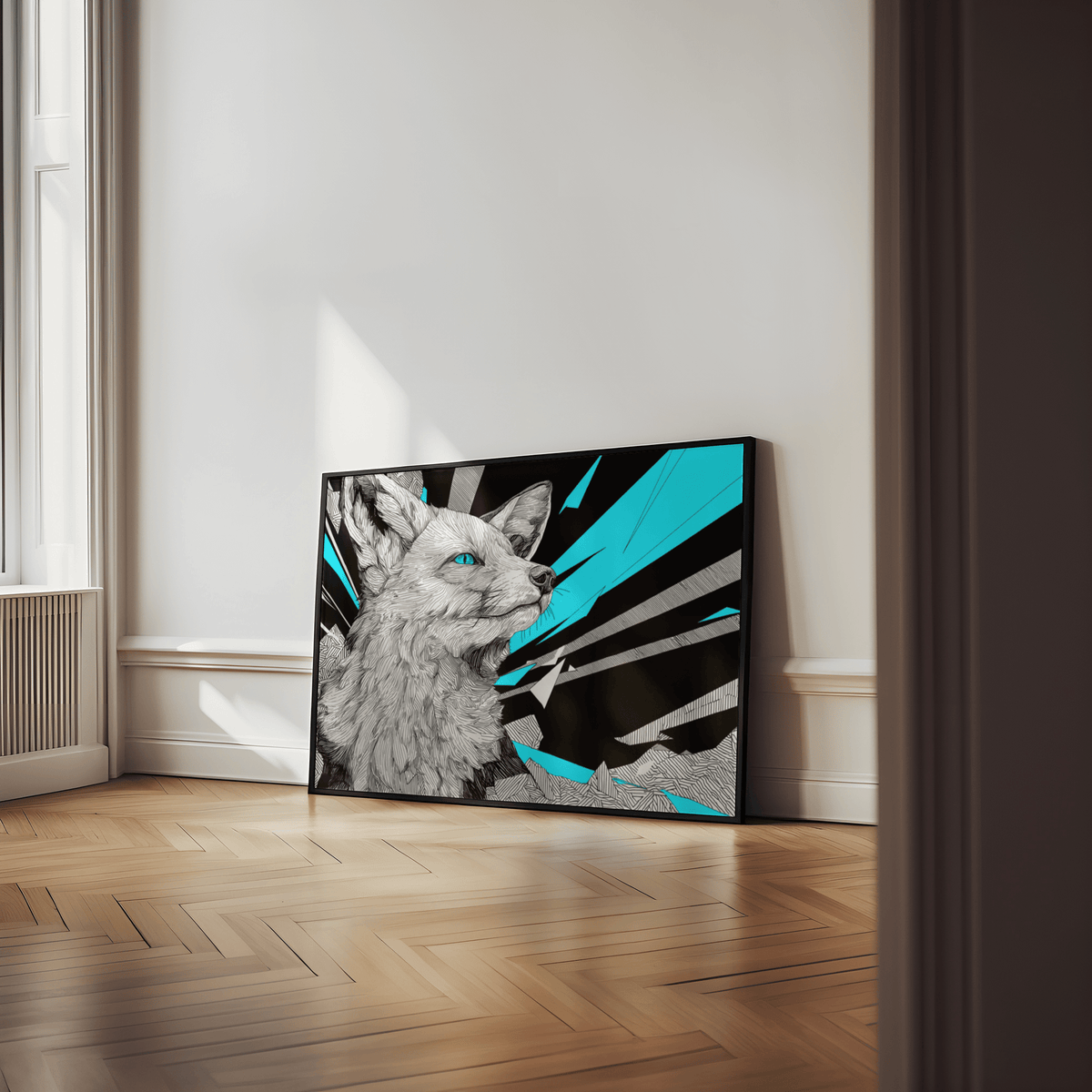 Retro Fox Art Print in Blue and White, perfect for bedroom wall art