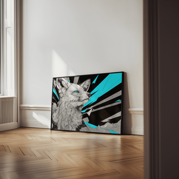 Retro Fox Art Print in Blue and White, perfect for bedroom wall art