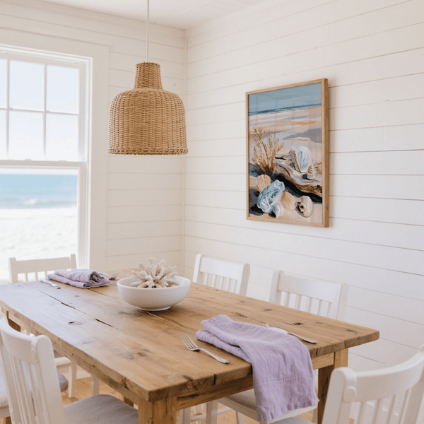 Coastal Shell Art art print with seaside Blue and Pink tones for entryway