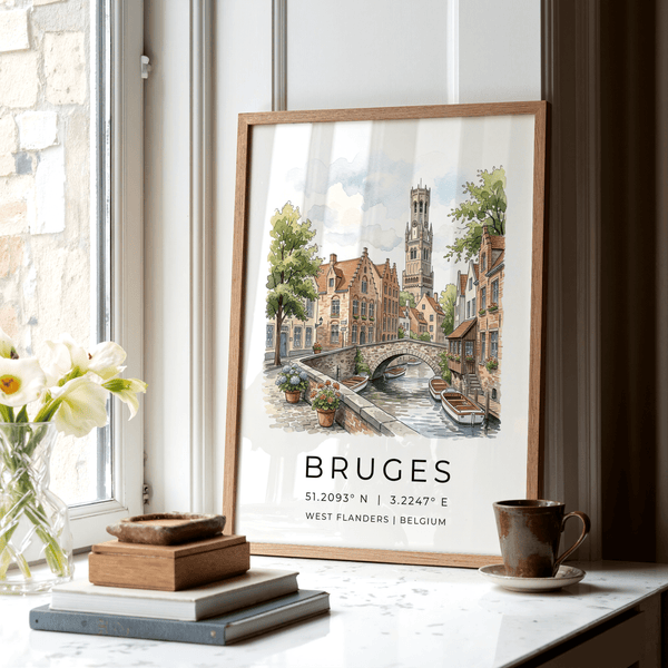 Bruges Canal Art Print poster featuring canal reflections and medieval skyline