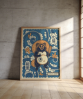 Playful Tanuki Art Print poster with a front-facing tanuki character and layered cloud pattern