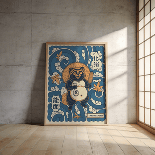 Playful Tanuki Art Print poster with a front-facing tanuki character and layered cloud pattern