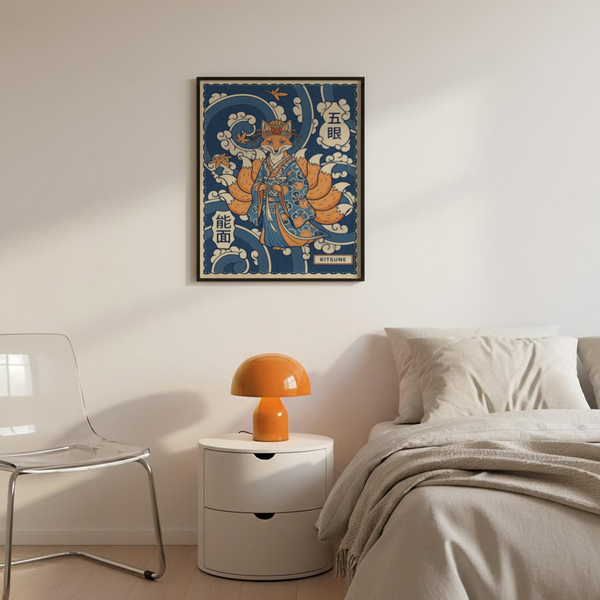 Detailed Kitsune Art Print featuring patterned kimono fabric, fox ears, and floating leaves