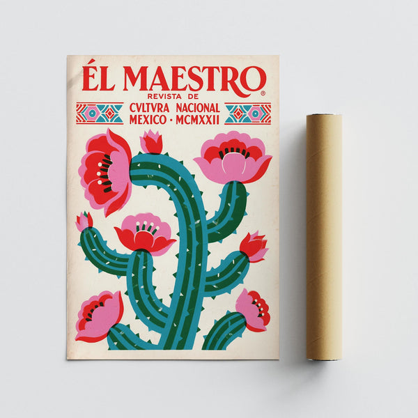 Mexican folk art inspired cactus and flowers Vintage Mexican Wall Art.
