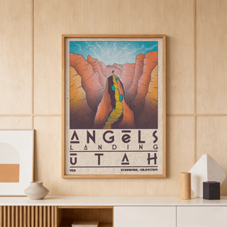 Vintage travel wall art print showing steep canyon walls and a narrow ridge path to a summit