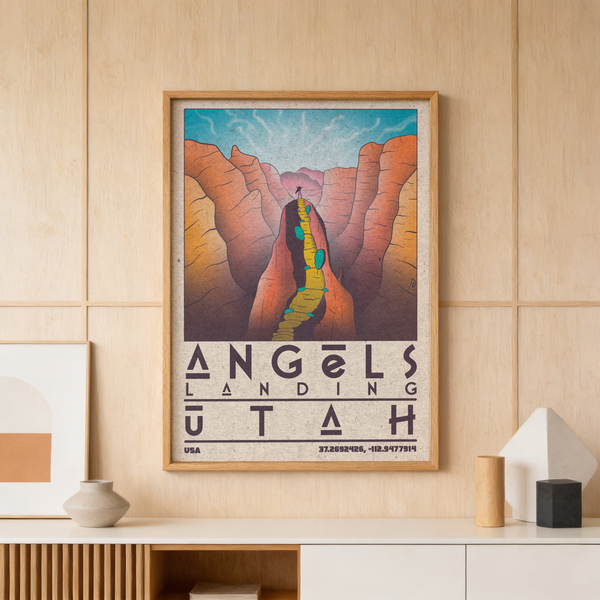 Vintage travel wall art print showing steep canyon walls and a narrow ridge path to a summit