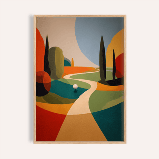 Abstract golf course poster with winding fairway path and golf ball on green