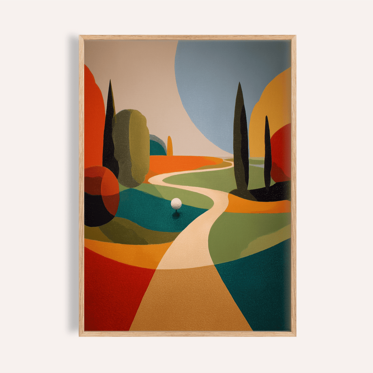 Abstract golf course poster with winding fairway path and golf ball on green