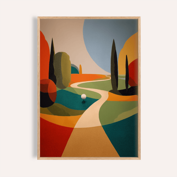 Abstract golf course poster with winding fairway path and golf ball on green