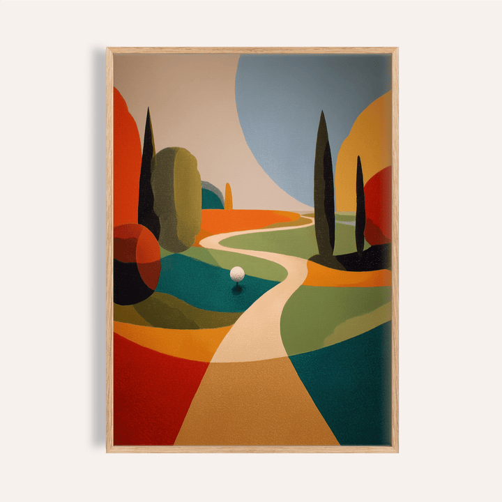 Abstract golf course poster with winding fairway path and golf ball on green