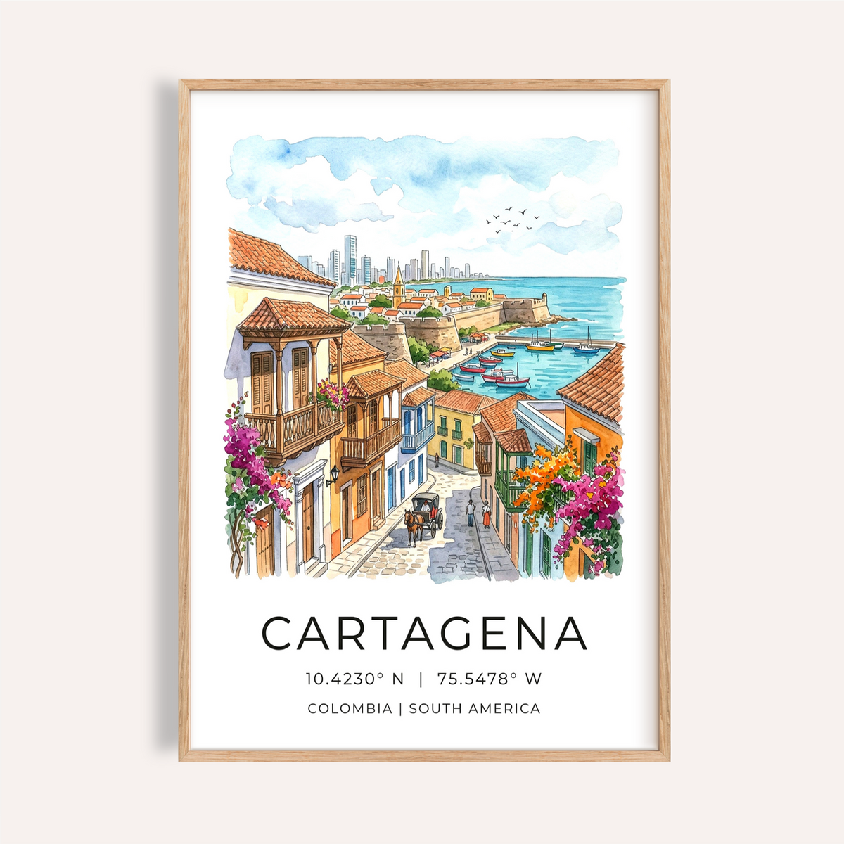 Illustrated Cartagena Art Print poster with old town street, balconies, and harbor boats