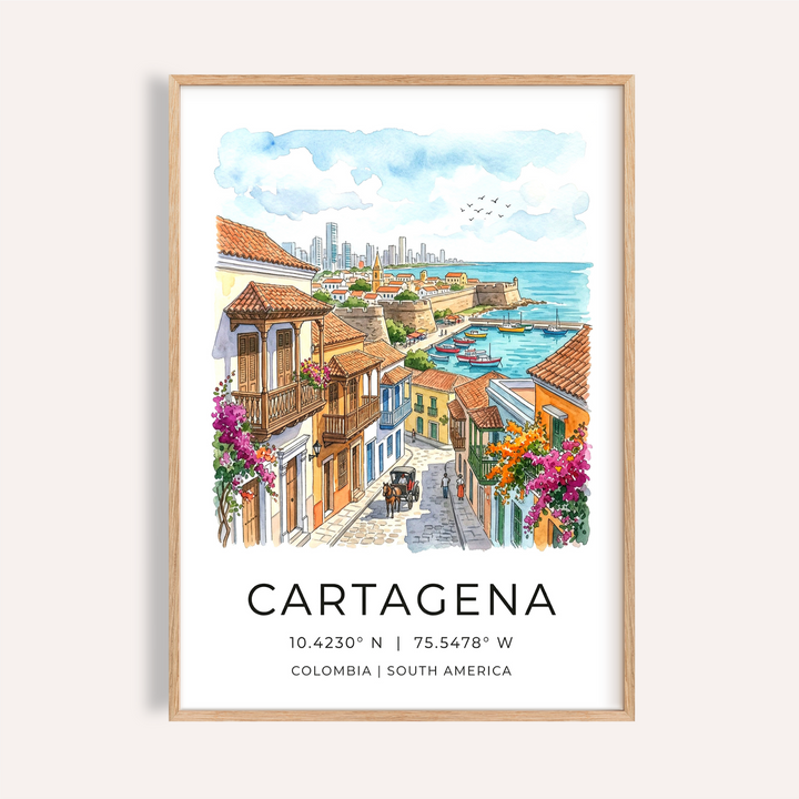 Illustrated Cartagena Art Print poster with old town street, balconies, and harbor boats