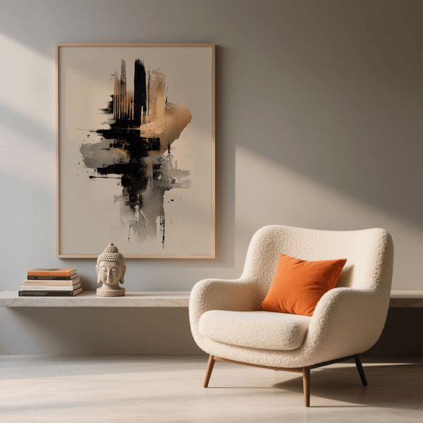 Sophisticated Gold and Black Poster abstract in gold, black, and beige for entryway decor