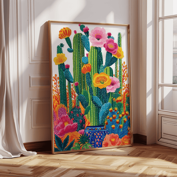 Bright Cactus Floral Wall Art orange pink for entryway wall art