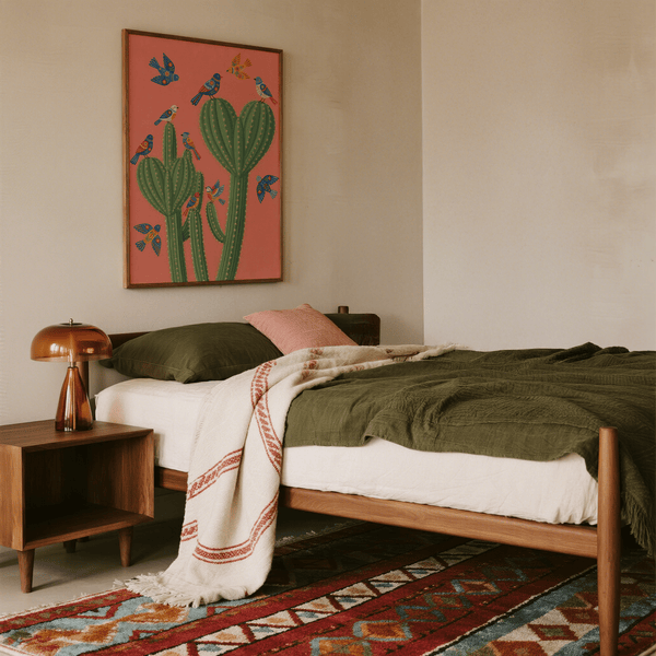 Colorful birds on Cactus Poster Print using pink and green tones for bedroom