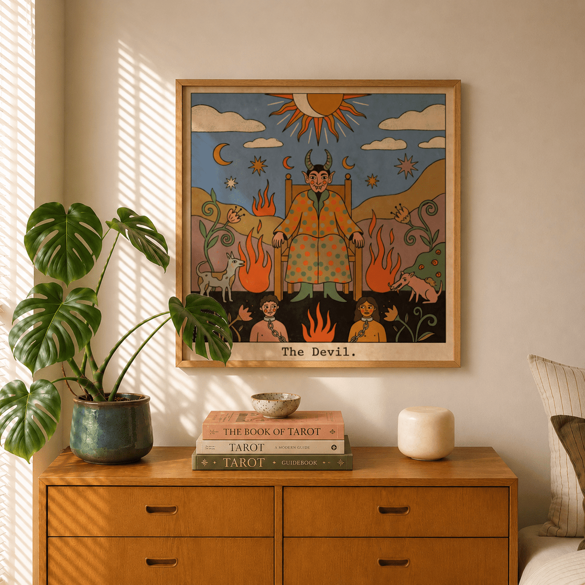 Scene detail poster with flames, clouds, crescent moons, and star shapes in Tarot Card Devil Art print
