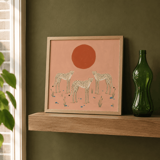 Full composition Cheetah Art Print with trio of cheetahs and bold sun